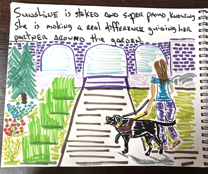 Sunshine guides her great friend through a lush and beautiful botanical garden with a gazebo and lots of colored flowers. 